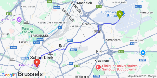 Map: Brussels Zaventem Airport (BRU) to Hotel nhow Brussels Bloom