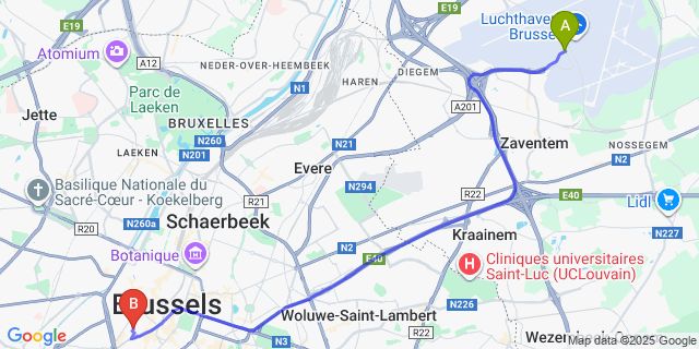 Map: Brussels Zaventem Airport (BRU) to HOTEL WINDSOR, Brussels