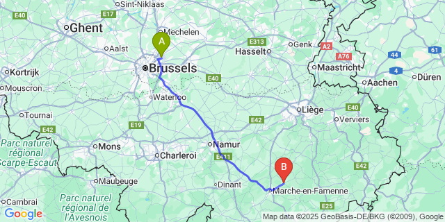 Map: Brussels Zaventem Airport (BRU) to Hotton