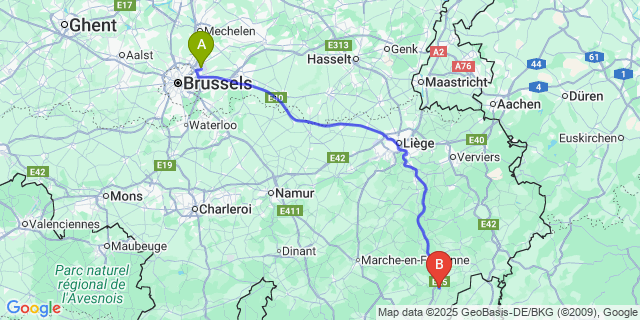 Map: Brussels Zaventem Airport (BRU) to Houffalize