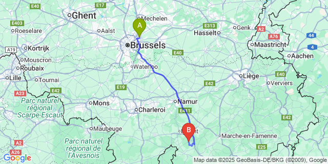 Map: Brussels Zaventem Airport (BRU) to Houyet