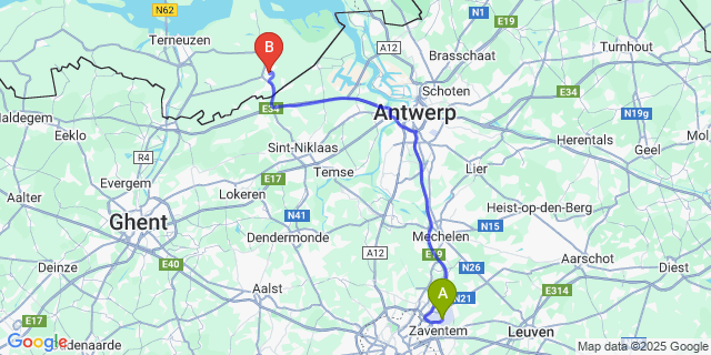 Map: Brussels Zaventem Airport (BRU) to Hulst