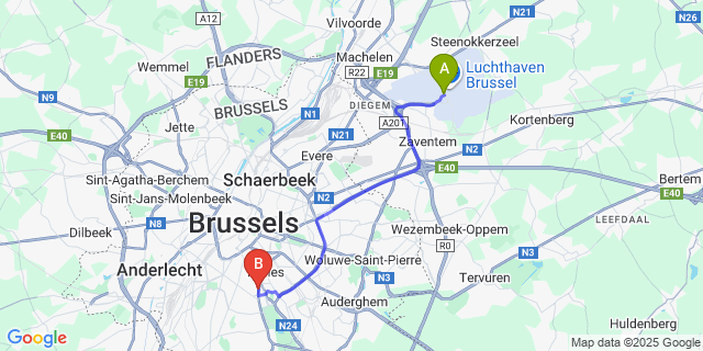 Map: Brussels Zaventem Airport (BRU) to ibis Brussels Centre Chatelain