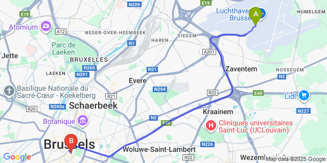 Map: Brussels Zaventem Airport (BRU) to ICC, Brussels