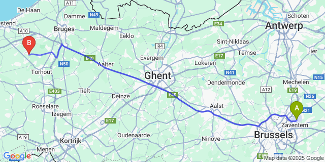 Map: Brussels Zaventem Airport (BRU) to Ichtegem