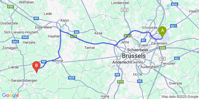 Map: Brussels Zaventem Airport (BRU) to Idegem