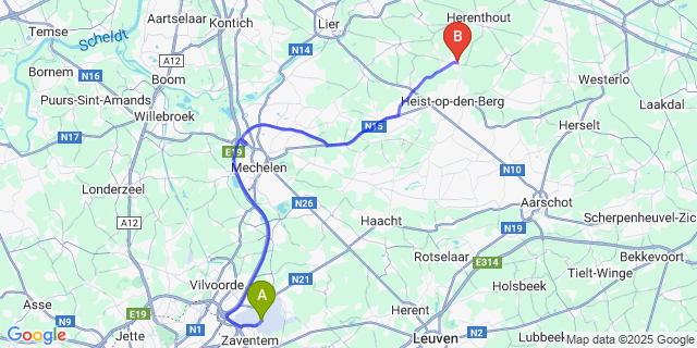 Map: Brussels Zaventem Airport (BRU) to Itegem