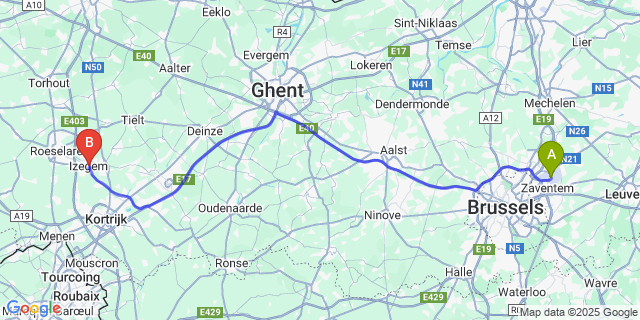 Map: Brussels Zaventem Airport (BRU) to Izegem