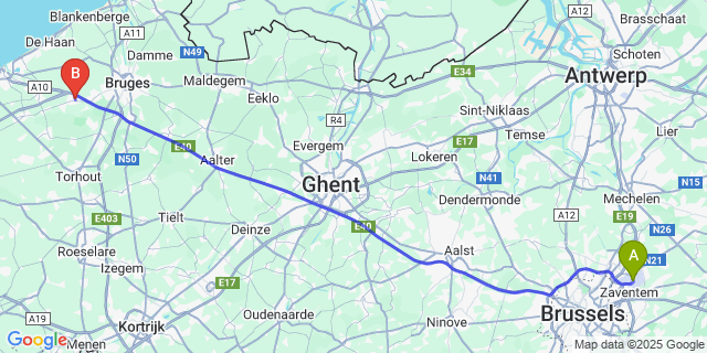 Map: Brussels Zaventem Airport (BRU) to Jabbeke