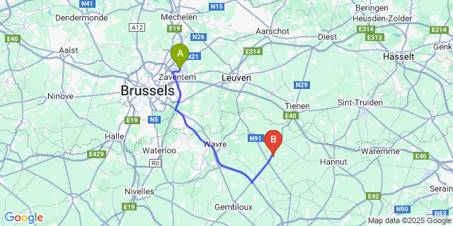 Map: Brussels Zaventem Airport (BRU) to Jauchelette