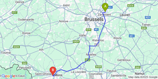 Map: Brussels Zaventem Airport (BRU) to Jemappes