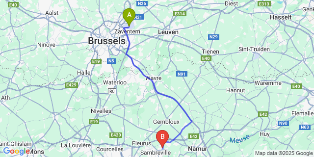 Map: Brussels Zaventem Airport (BRU) to Jemeppe-sur-Sambre