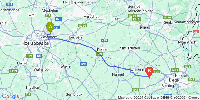 Map: Brussels Zaventem Airport (BRU) to Jeneffe