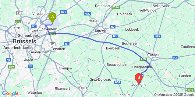 Map: Brussels Zaventem Airport (BRU) to Jodoigne