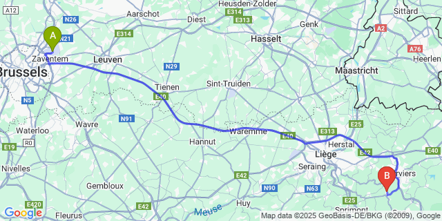 Map: Brussels Zaventem Airport (BRU) to Juslenville