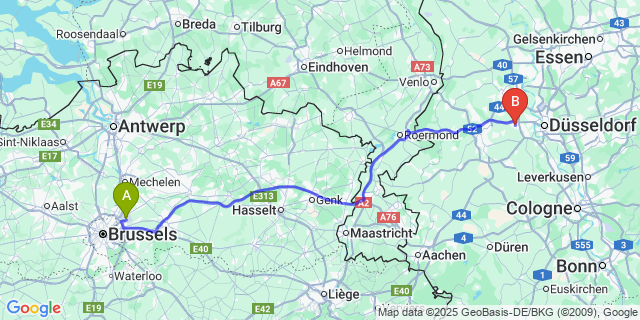 Map: Brussels Zaventem Airport (BRU) to Kaarst