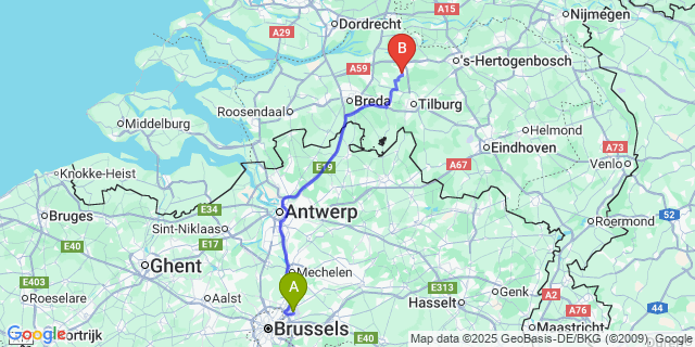 Map: Brussels Zaventem Airport (BRU) to Kaatsheuvel