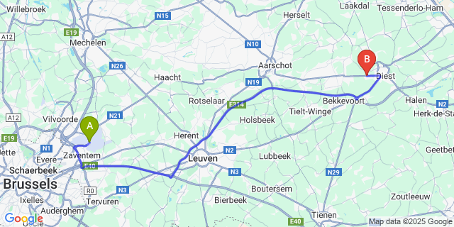 Map: Brussels Zaventem Airport (BRU) to Kaggevinne