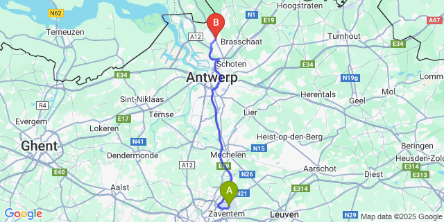 Map: Brussels Zaventem Airport (BRU) to Kapellen
