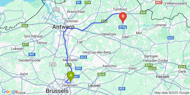 Map: Brussels Zaventem Airport (BRU) to Kasterlee