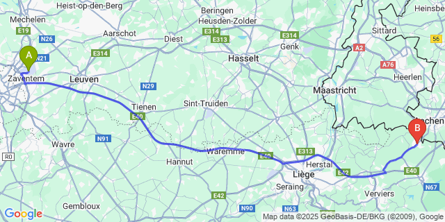 Map: Brussels Zaventem Airport (BRU) to Kelmis