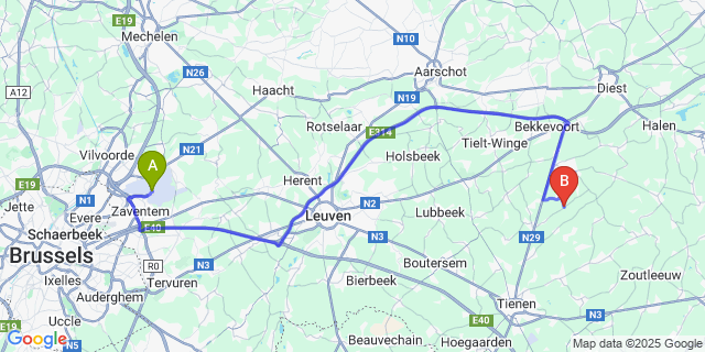 Map: Brussels Zaventem Airport (BRU) to Kersbeek-Miskom