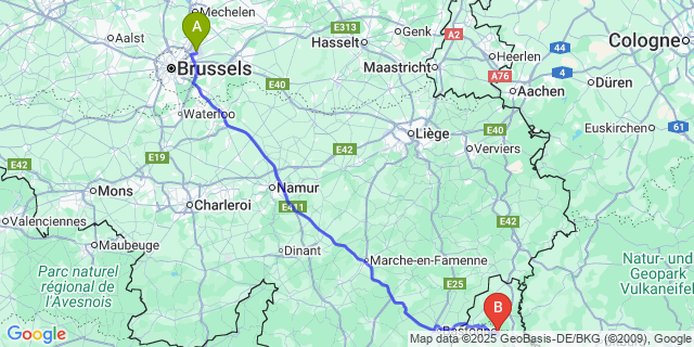 Map: Brussels Zaventem Airport (BRU) to Kiischpelt
