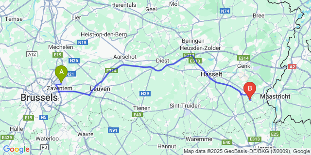 Map: Brussels Zaventem Airport (BRU) to Kleine-Spouwen