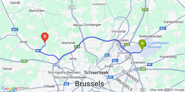 Map: Brussels Zaventem Airport (BRU) to Kobbegem