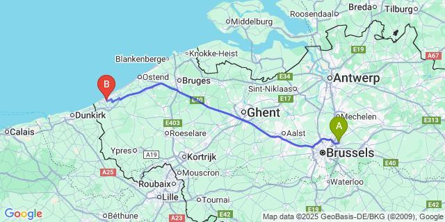 Map: Brussels Zaventem Airport (BRU) to Koksijde