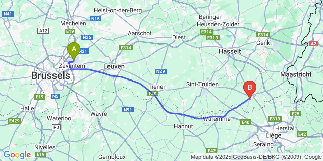 Map: Brussels Zaventem Airport (BRU) to Koninksem