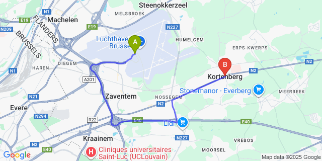 Map: Brussels Zaventem Airport (BRU) to Kortenberg