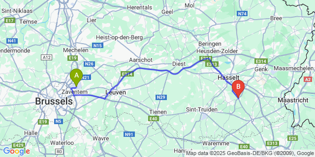 Map: Brussels Zaventem Airport (BRU) to Kortessem