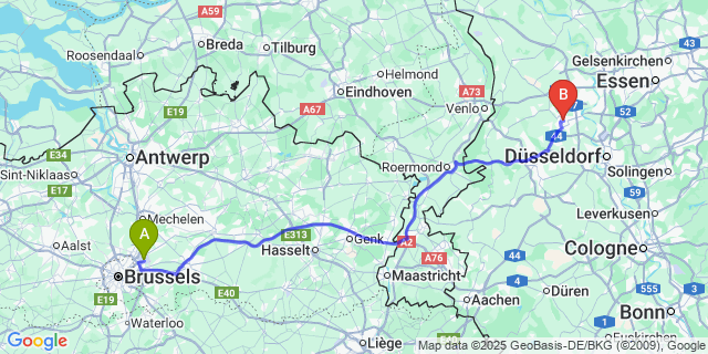 Map: Brussels Zaventem Airport (BRU) to Krefeld