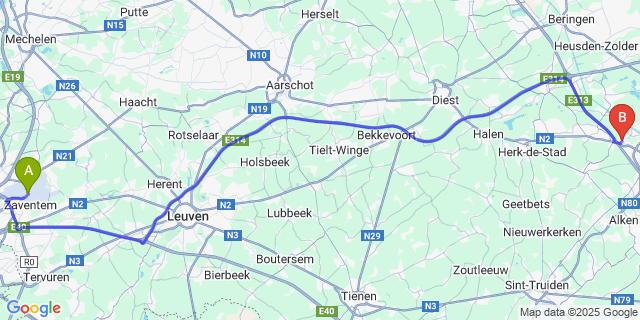 Map: Brussels Zaventem Airport (BRU) to Kuringen