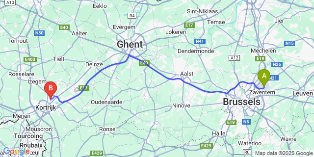 Map: Brussels Zaventem Airport (BRU) to Kuurne