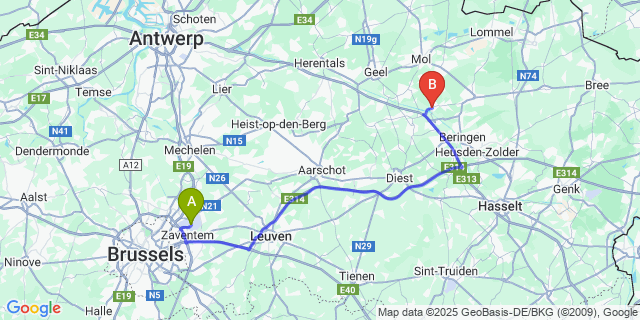 Map: Brussels Zaventem Airport (BRU) to Kwaadmechelen