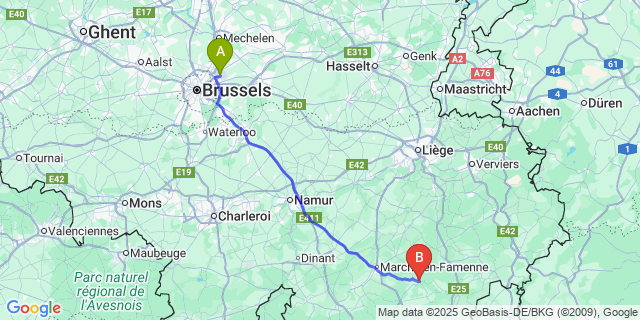 Map: Brussels Zaventem Airport (BRU) to La Roche-en-Ardenne