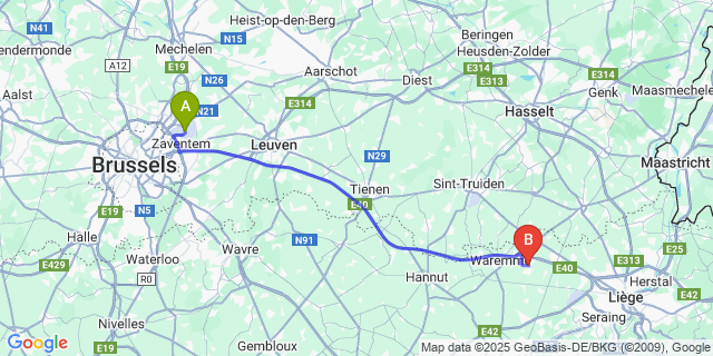 Map: Brussels Zaventem Airport (BRU) to Lamine