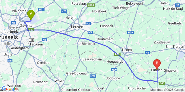 Map: Brussels Zaventem Airport (BRU) to Landen