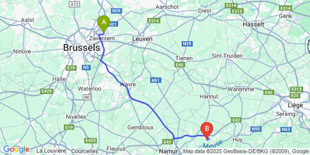 Map: Brussels Zaventem Airport (BRU) to Landenne