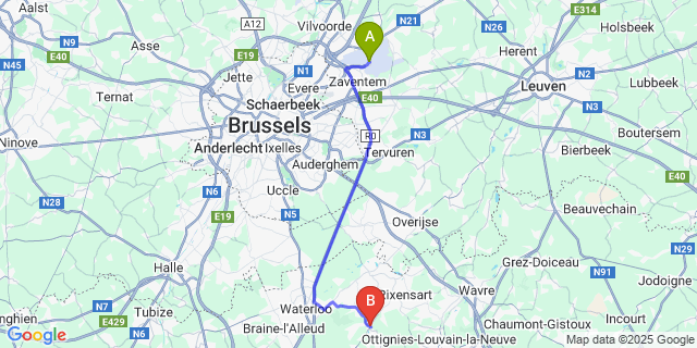 Map: Brussels Zaventem Airport (BRU) to Lasne