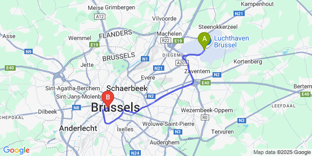 Map: Brussels Zaventem Airport (BRU) to Latroupe Grote Markt, Brussels