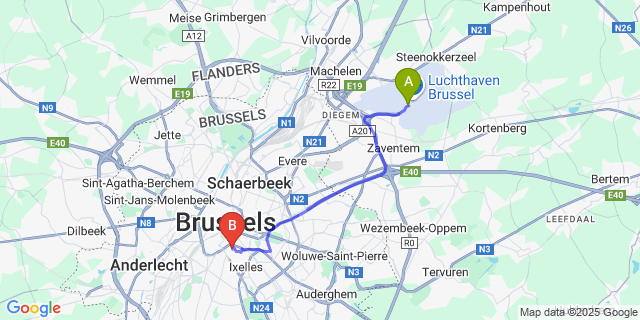 Map: Brussels Zaventem Airport (BRU) to LATROUPE Jardin Secret Hotel Brussels