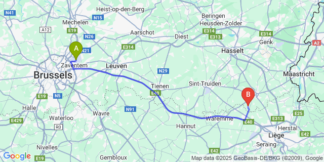 Map: Brussels Zaventem Airport (BRU) to Lauw
