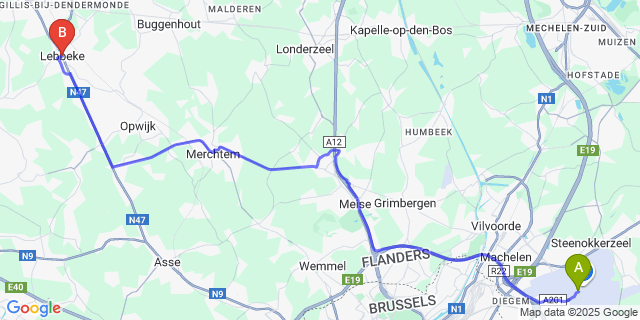 Map: Brussels Zaventem Airport (BRU) to Lebbeke