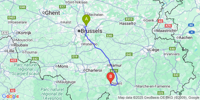 Map: Brussels Zaventem Airport (BRU) to Leffe