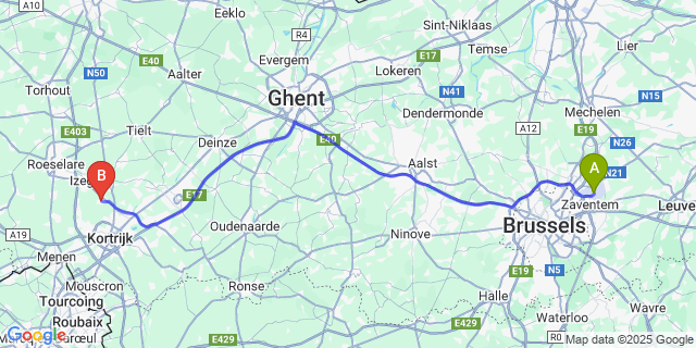 Map: Brussels Zaventem Airport (BRU) to Lendelede