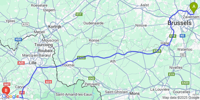 Map: Brussels Zaventem Airport (BRU) to Lens