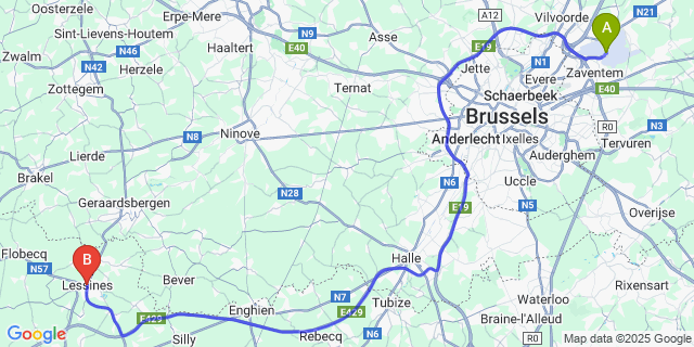 Map: Brussels Zaventem Airport (BRU) to Lessines